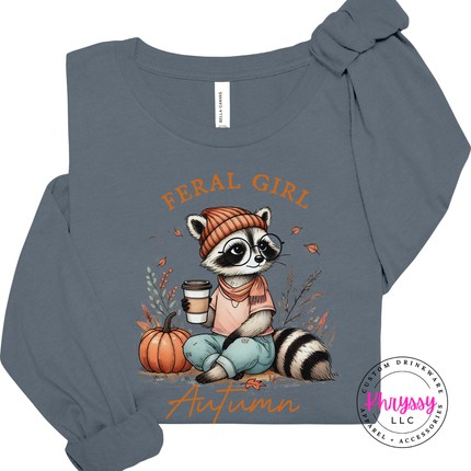 Military Green long sleeve tee with the raccoon in a beanie fall print