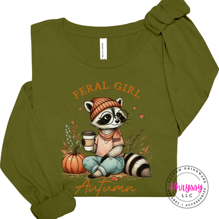 Heather Navy long sleeve tee with the funny feral girl autumn raccoon with coffee design