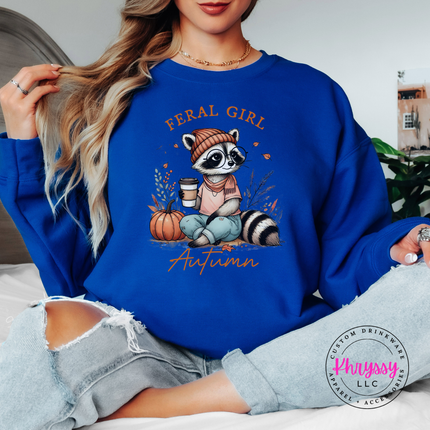 Royal crewneck sweatshirt with the funny feral girl autumn raccoon with coffee design