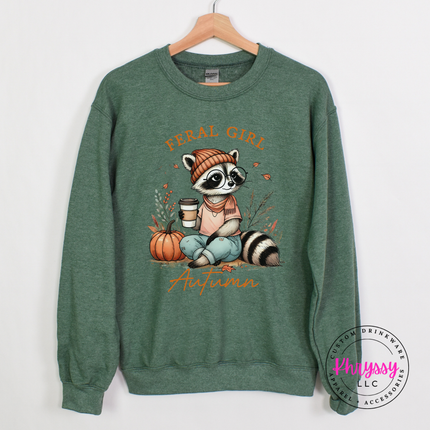 Heather Sport Dark Green crewneck sweatshirt with the feral girl autumn pumpkin raccoon graphic