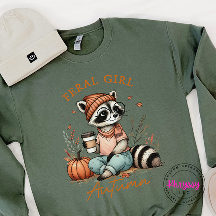 Military Green crewneck sweatshirt with the raccoon in a beanie fall print