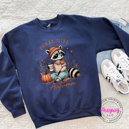 Navy crewneck sweatshirt with a raccoon design.