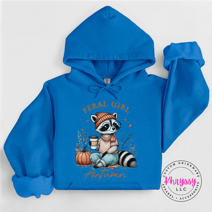 Antique Sapphire hoodie with the Feral Girl Autumn raccoon graphic