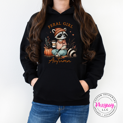 Black hoodie with the funny feral girl autumn raccoon with coffee design