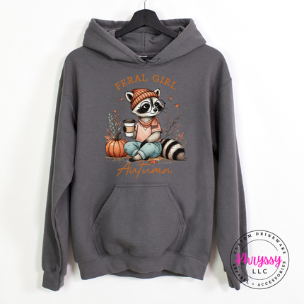Charcoal hoodie with the raccoon in a beanie fall print