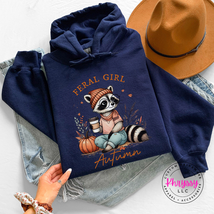Forest hoodie with the feral girl autumn pumpkin raccoon graphic