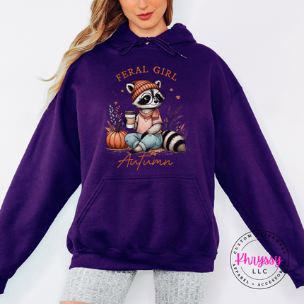 Indigo Blue hoodie with the Feral Girl Autumn raccoon graphic