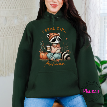 Military Green hoodie with the funny feral girl autumn raccoon with coffee design