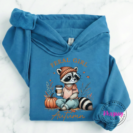 Navy hoodie with the raccoon in a beanie fall print