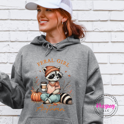 Graphite colored hoodie featuring a cozy raccoon in glasses and a scarf.