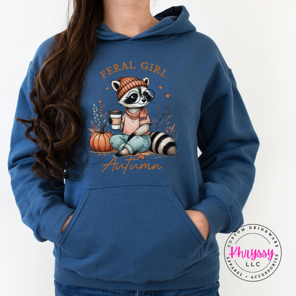 Purple hoodie with the feral girl autumn pumpkin raccoon graphic