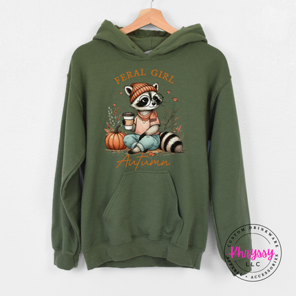 Military green pullover hoodie with a funny feral girl autumn design.