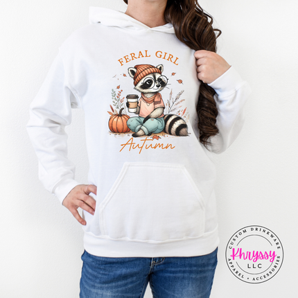 White pullover hoodie with a raccoon design.