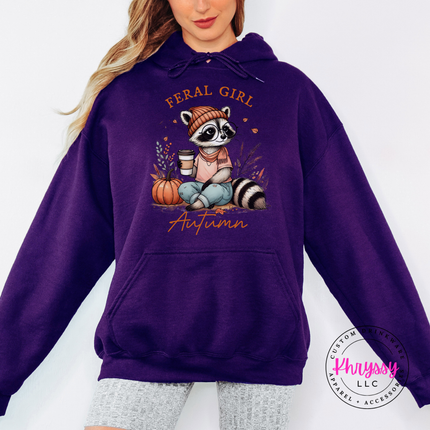 Violet hoodie with the funny feral girl autumn raccoon with coffee design