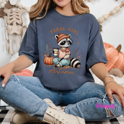 Denim tee with the feral girl autumn pumpkin raccoon graphic