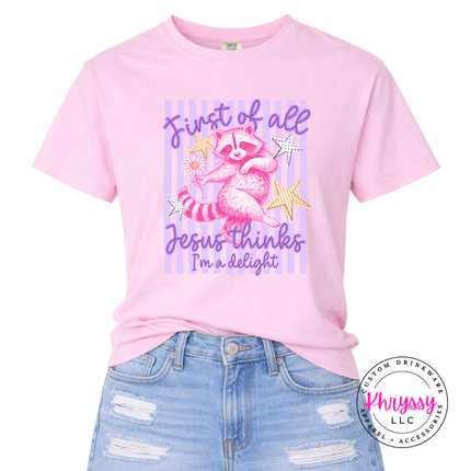 Trendy Christian humor shirt with whimsical pink raccoon graphic