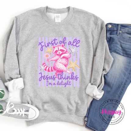 Gray sweatshirt with a colorful graphic and text, paired with jeans and sneakers on a white background.