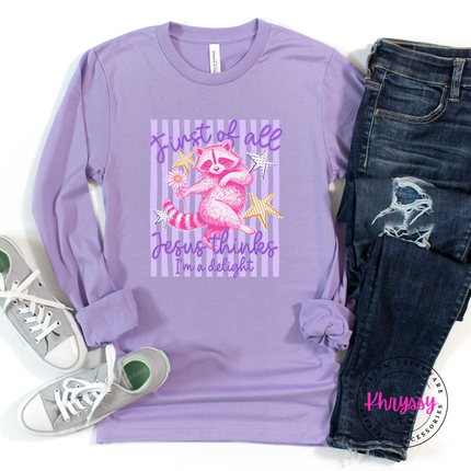 Dark lavender tee with a pink raccoon and Jesus delight design