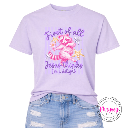 Pale orchid tee with coquette raccoon and faith humor design
