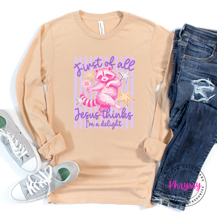 Trendy Christian humor shirt with whimsical pink raccoon graphic