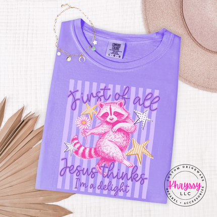 Neon orchid tee with coquette raccoon and faith humor design
