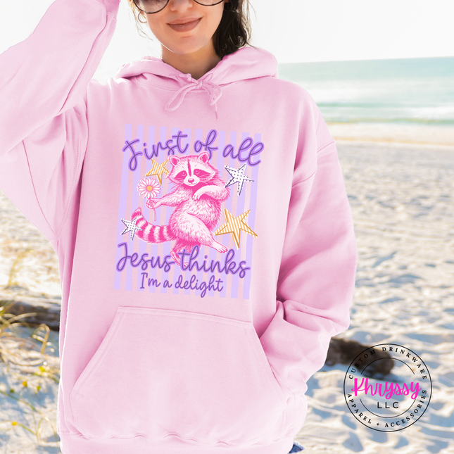 Person wearing a pink hoodie with a raccoon graphic and text on a beach.