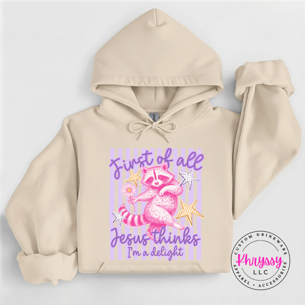 sand hoodie with coquette raccoon and faith humor design