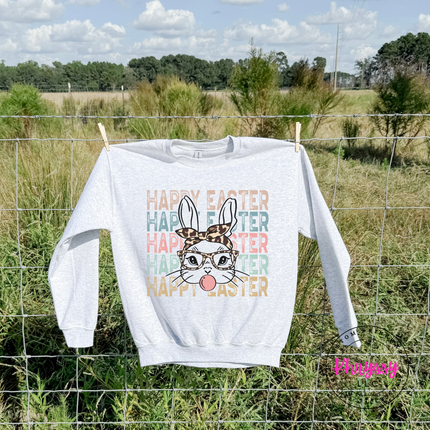 Ash Grey crewneck with a leopard bunny and stacked Happy Easter lettering.