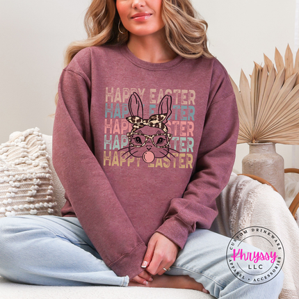 heather sport scarlet fleece crewneck featuring a bubblegum bunny in leopard glasses for Easter.