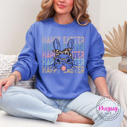 heather sport dark navy heavyweight crewneck showing a sassy retro Easter bunny design.