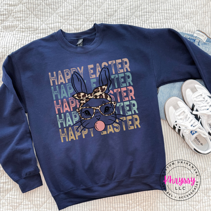 navy crewneck with a leopard-bandana bunny blowing a pink bubble.