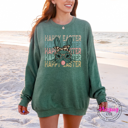 heather sport dark green cozy crewneck printed with a glam Happy Easter bunny graphic.