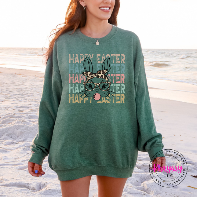 heather sport dark green cozy crewneck printed with a glam Happy Easter bunny graphic.