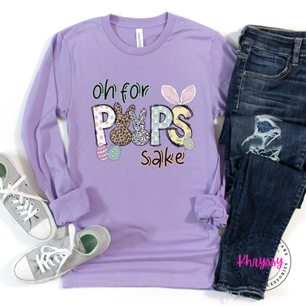 Purple long-sleeve shirt with 'Oh for Pups Sake' text, paired with jeans and sneakers on a white background.