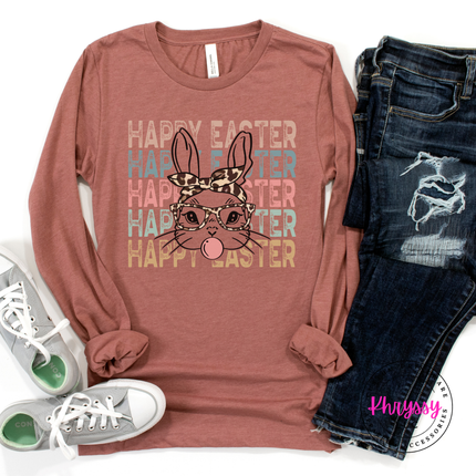 mauve long sleeve featuring a bubblegum bunny in leopard glasses for spring.
