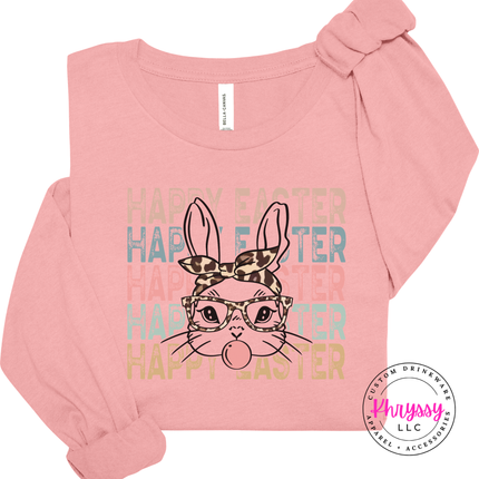 pink soft long sleeve with a leopard-bandana bunny blowing a pink bubble.