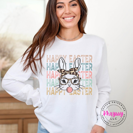 Whute long sleeve printed with a glam Happy Easter bunny graphic.