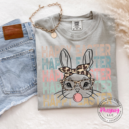 Grey relaxed tee featuring a sassy Easter bunny and retro stacked typography.