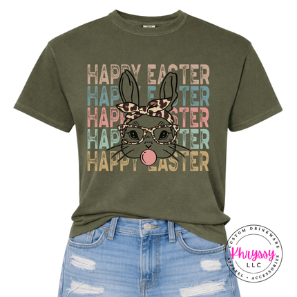Hemp garment-dyed tee with a leopard bunny and stacked Happy Easter lettering.