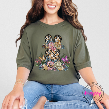 Sage garment-dyed tee with a glam leopard bunny and floral print.