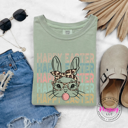 Sage soft cotton tee with a leopard-bandana bunny blowing a pink bubble.