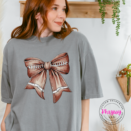 Gray tee with the game day coquette bow design