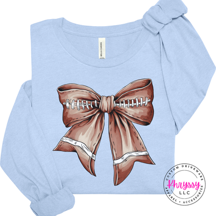 Baby blue colored long sleeve displaying a football lace bow design.