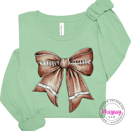 Mint long sleeve tee with the football season coquette bow print