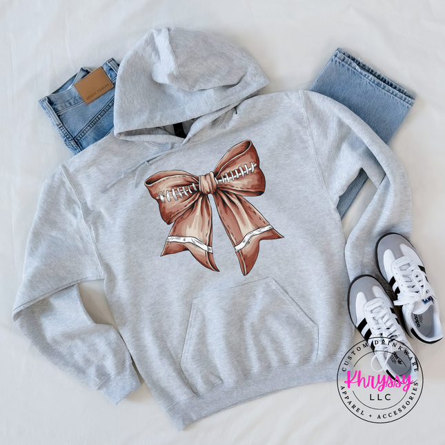 Ash hoodie with the coquette football bow graphic