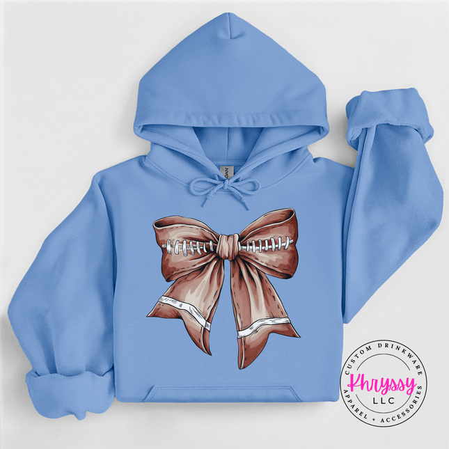 Carolina Blue hoodie with the football season coquette bow print