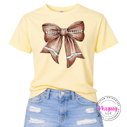Butter tee with the football season coquette bow print