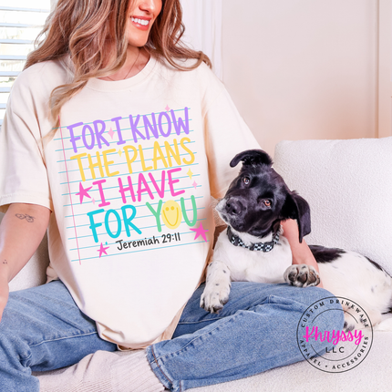 Ivory tee featuring the bright Jeremiah 29:11 scripture on notebook paper lines