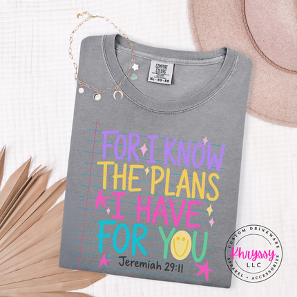 Grey tee printed with the pastel for I know the plans scripture