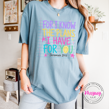 Ice Blue tee with a rainbow Jeremiah 29:11 faith verse design